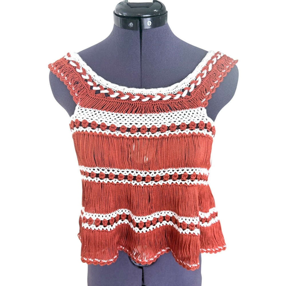 My Beachy Side Top Red Flame Rust Crochet Fringe Crop Boho Resort Small NEW - Picture 4 of 12